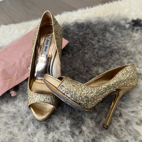 Authentic Miu Miu Gold Glitter Open-Toe Heels – Size 6.5 - Picture 7 of 16